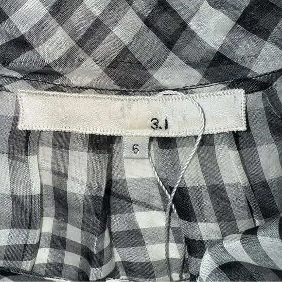 3.1 Phillip Lim Women's 100% Silk Gingham Check Short Sleeve Blouse Bow Size 6 - Picture 5 of 7